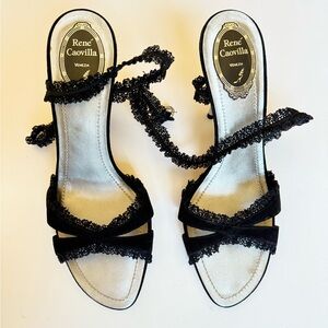 René Caovilla strappy woven lace and silver stiletto. 4.5 inch heel.